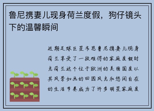 鲁尼携妻儿现身荷兰度假，狗仔镜头下的温馨瞬间